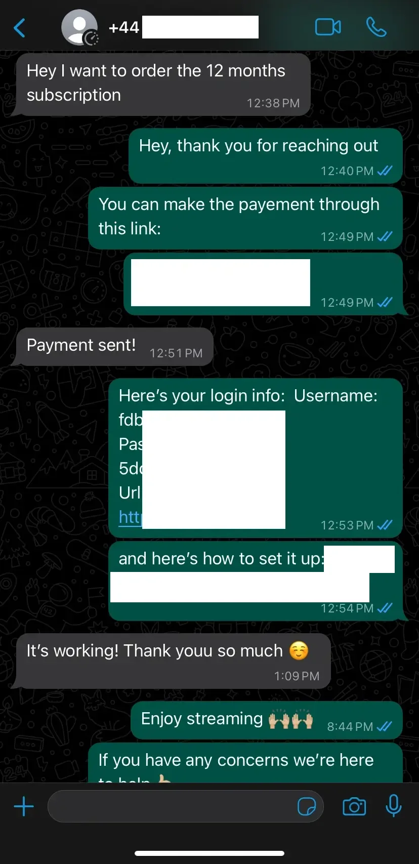 WhatsApp chat screenshot from a UK viewer after setting up their IPTV UK subscription