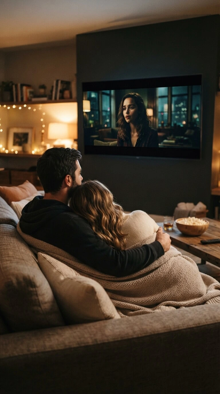 Couple watching movies on the couch using an IPTV subscription UK plan