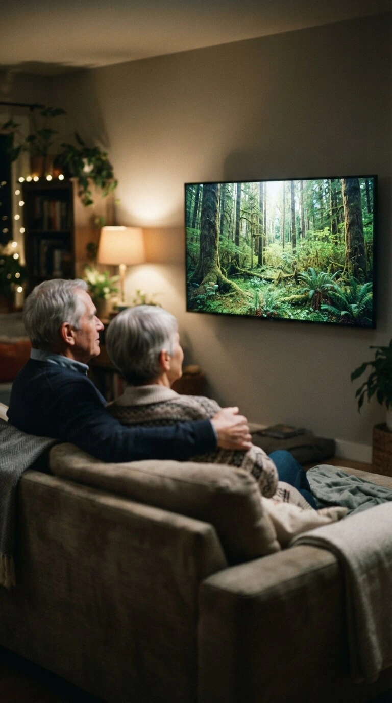 Elderly couple watching documentaries at home with IPTV in the UK