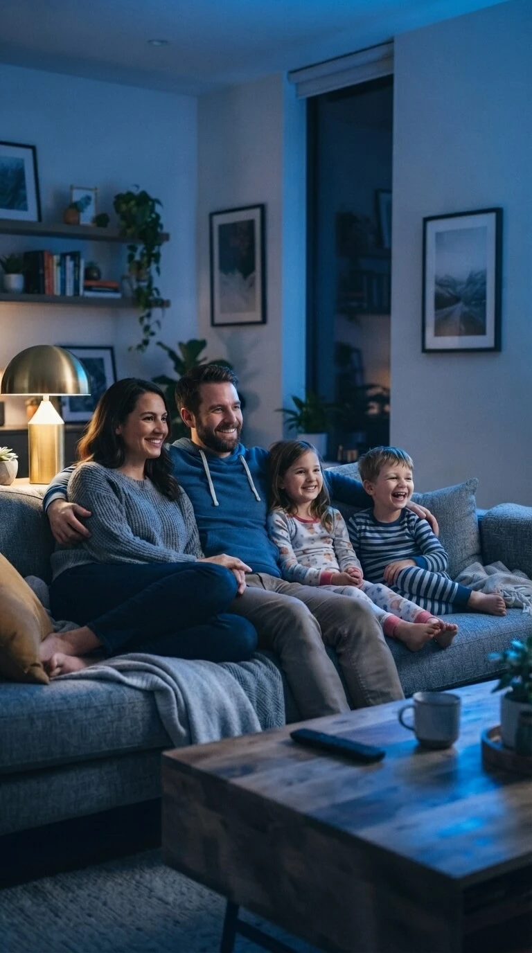 Family watching international channels together on an IPTV UK subscription