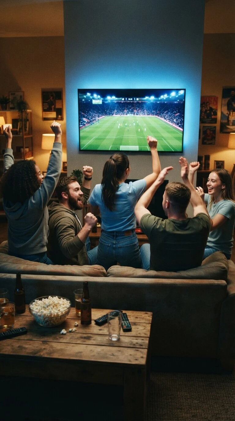Friends watching live football in 4K through a premium IPTV service
