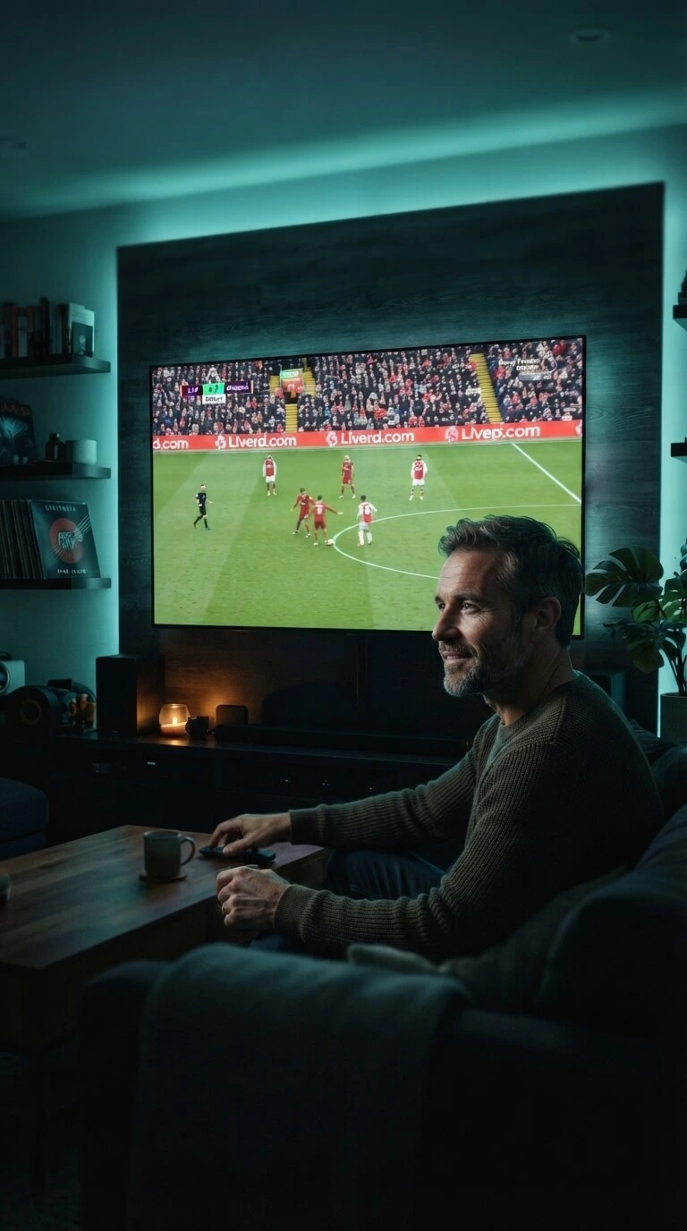 Man watching live UK and world news channels from a reliable IPTV provider