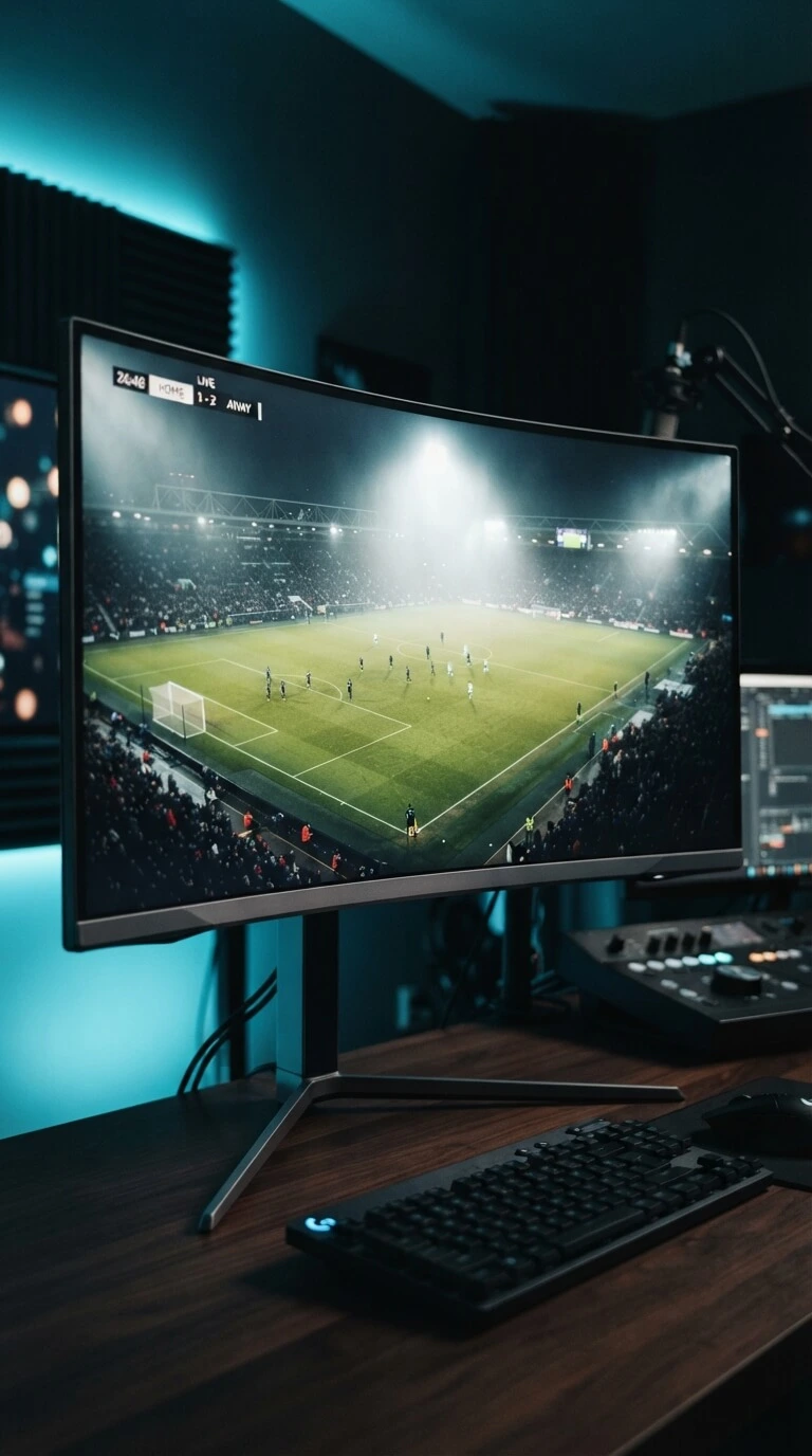 Monitor displaying a 4K football pitch with IPTV streaming in FHD and 4K quality
