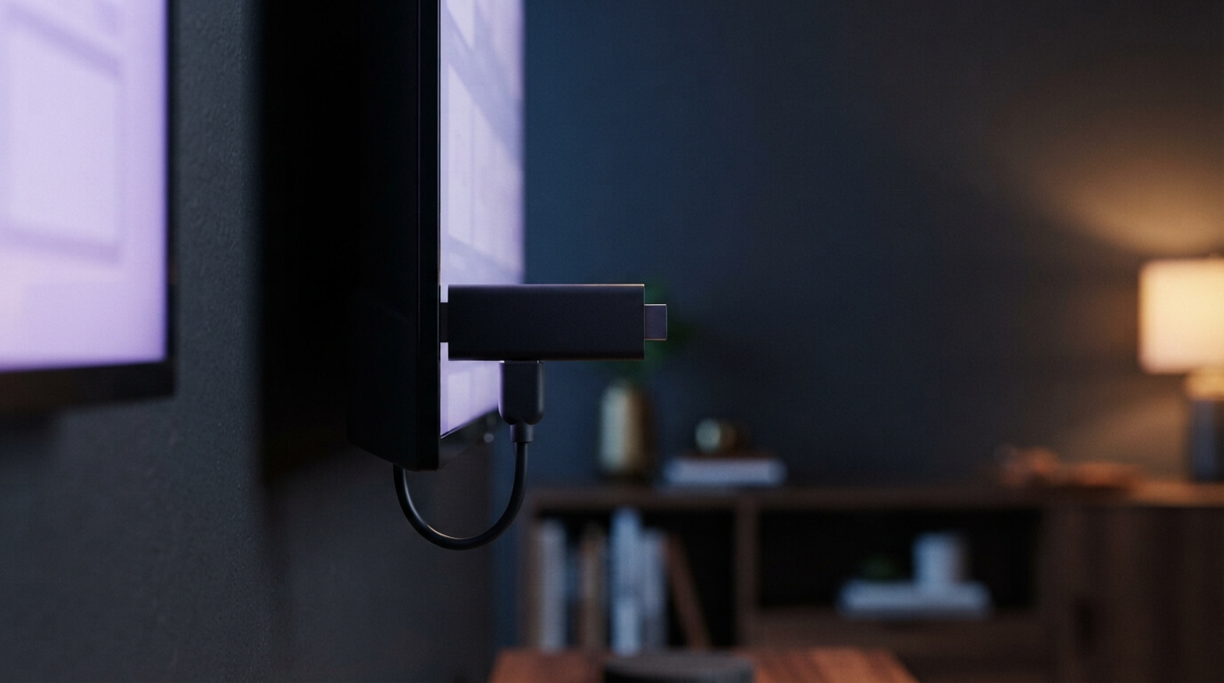 IPTV Firestick UK setup with a Fire TV Stick plugged into a living room television playing live channels