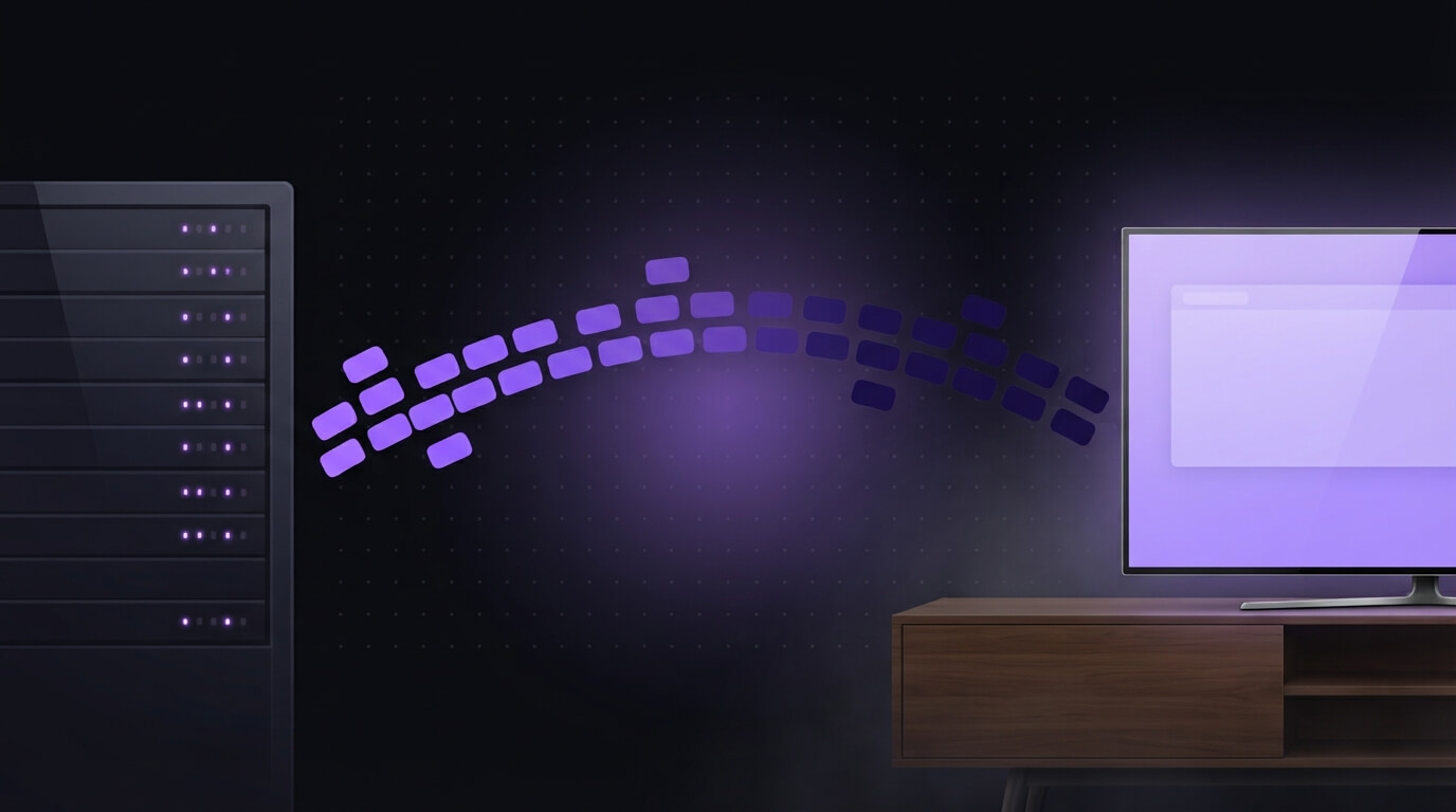 Internet Protocol Television diagram showing a TV feed sent as IP packets to a living room television