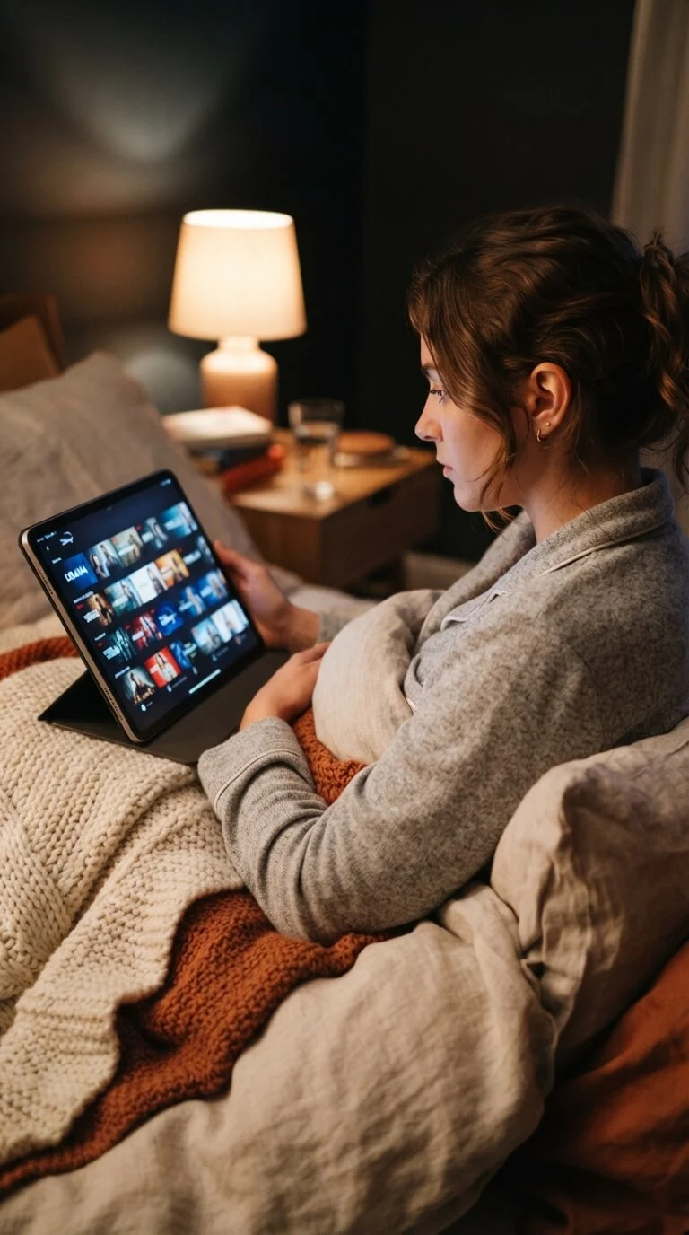 Woman watching binge-worthy series on a tablet in bed with IPTV streaming